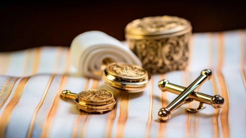 Gold Silk Fabric with Floral Cufflinks and Textured Tie Clip