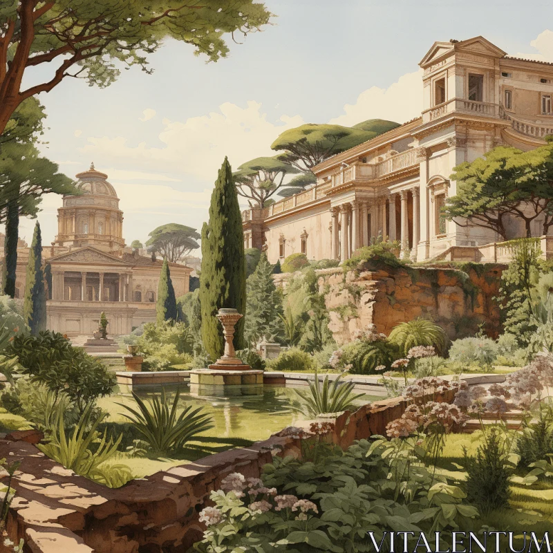 Neo-Classical Roman Villa Painting: Detailed Architecture and Lush Landscapes AI Image