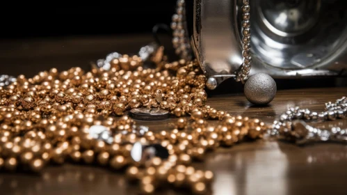 Silver Antique Clock and Gold Beads Close-Up