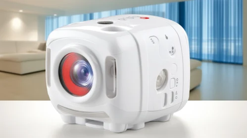 Stunning White Action Camera with Red Lens on Table | Living Room Background