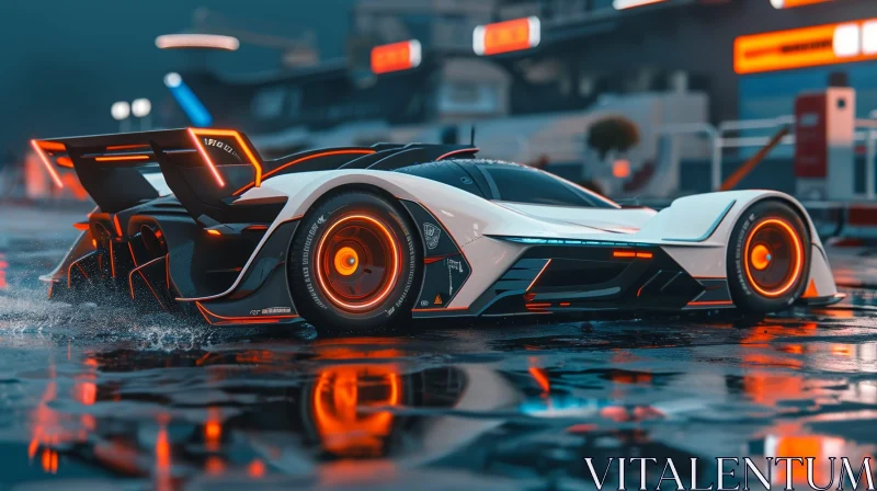 White and Orange Futuristic Sports Car in Wet City Scene AI Image