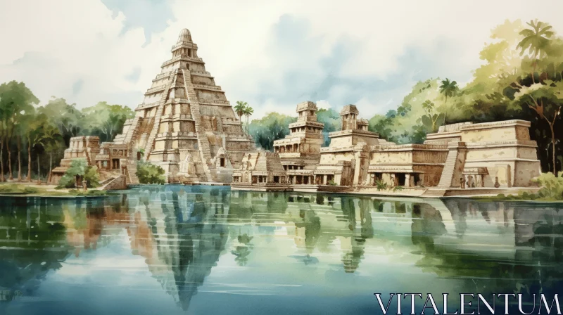 Ancient Temple Painting in Realistic Watercolor Style | Mayan Art and Architecture AI Image