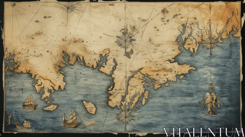 Captivating Map of Old Atlantic Ocean with Fishing Vessels | Renaissance Perspective AI Image