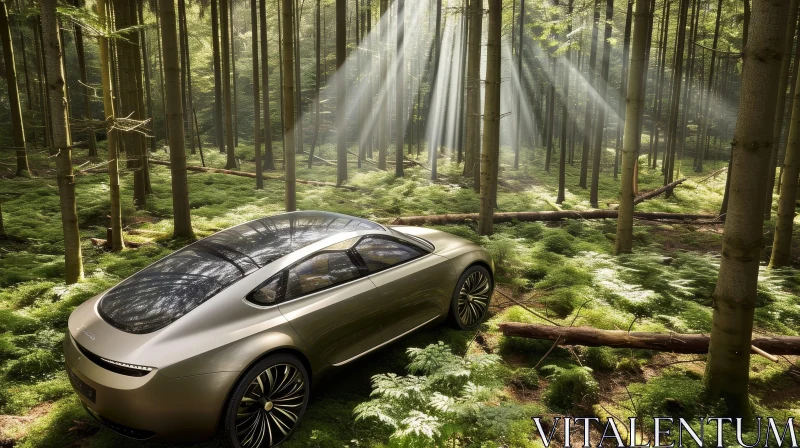 Silver Futuristic Car in Enchanted Forest AI Image