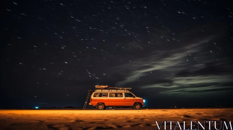Starry Night Sky with White Van on Beach AI Image
