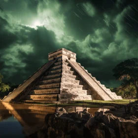 Captivating Mayan Art: Pyramid and Dramatic Cloudy Sky