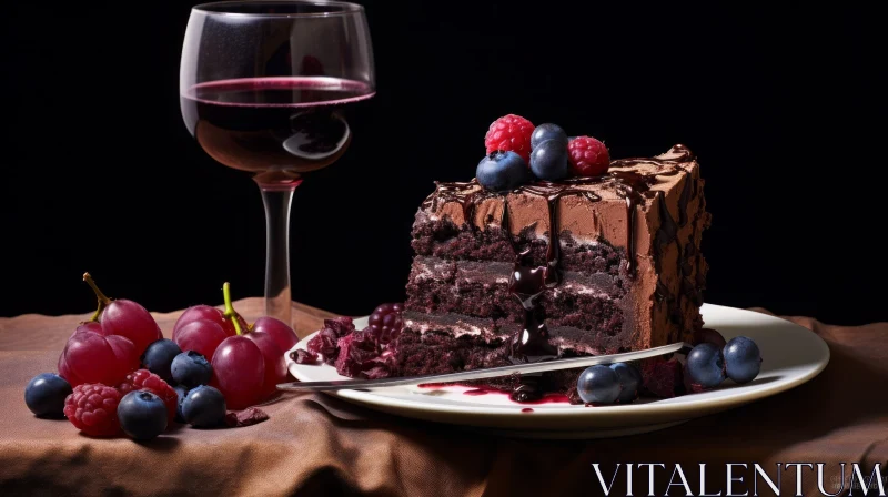 Decadent Chocolate Cake with Berries and Wine AI Image