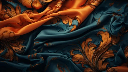 Golden Floral Pattern on Dark Blue Silk Fabric