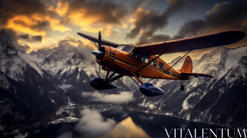 Vintage Floatplane Flying over Mountain Lake AI Image