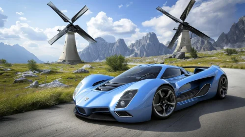 Blue Futuristic Sports Car in Mountain Setting