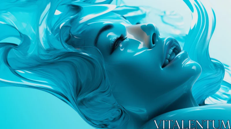 Blue Liquid Woman's Face 3D Illustration AI Image