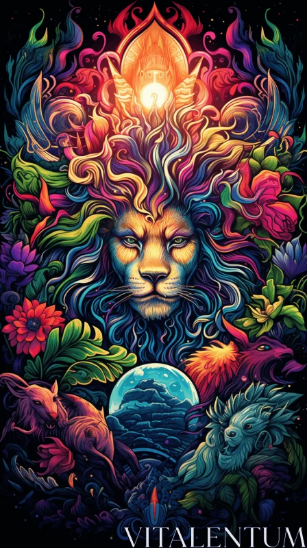 Colorful Lion in Vibrant Nature - Captivating Artwork AI Image
