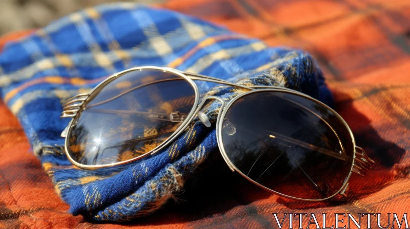 Stylish Aviator Sunglasses on Plaid Fabric | Sun Reflection AI Image