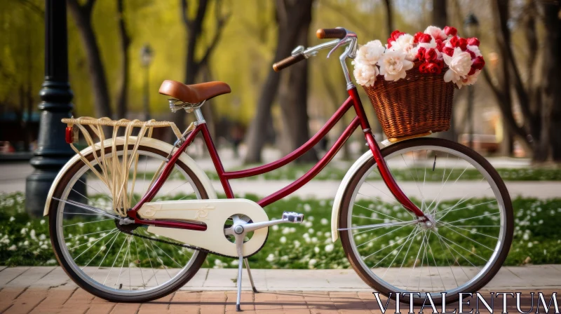 Vintage Bicycle with Flower Basket in Park AI Image