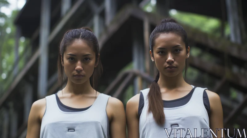 Asian Twin Sisters in Gray Sportswear Standing in Forest AI Image