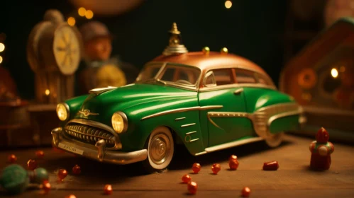 Green Vintage Car on Wooden Table with Christmas Decor