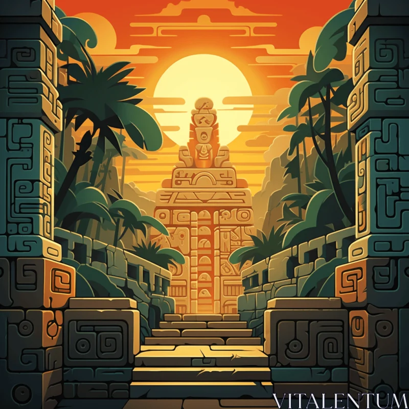 Mystical Mayan Temple Illustration in Lush Jungle | Intricate Coded Patterns AI Image