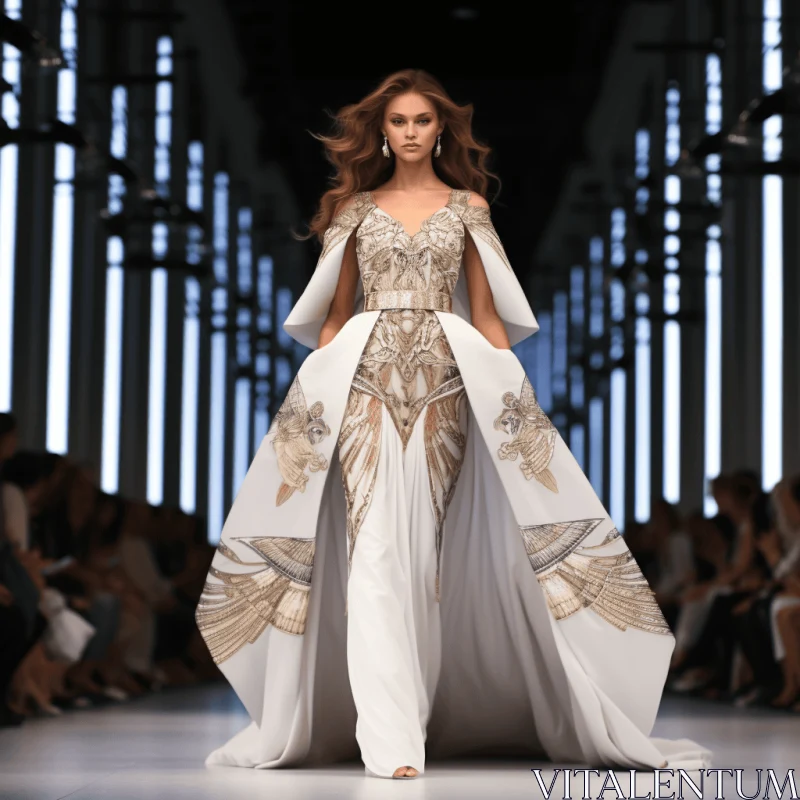 Elegant Gold and White Dress on the Runway | Fashion Showcase AI Image