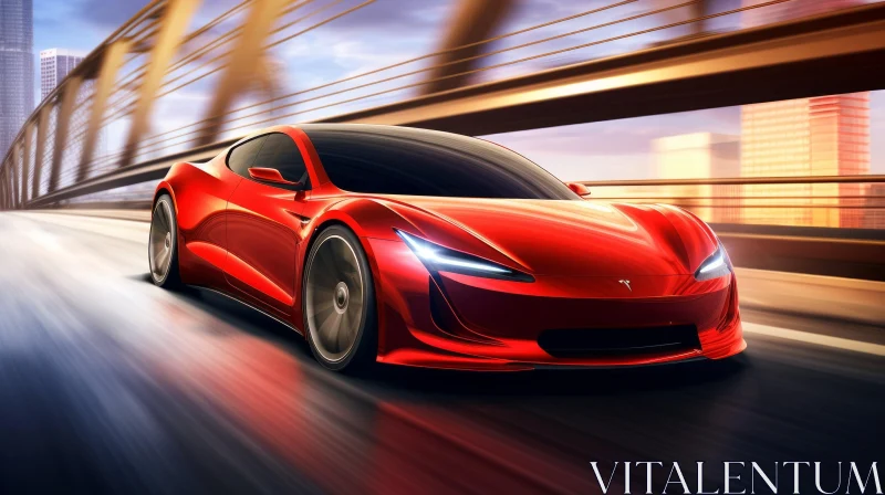 Red Electric Sports Car on Bridge at Sunset AI Image