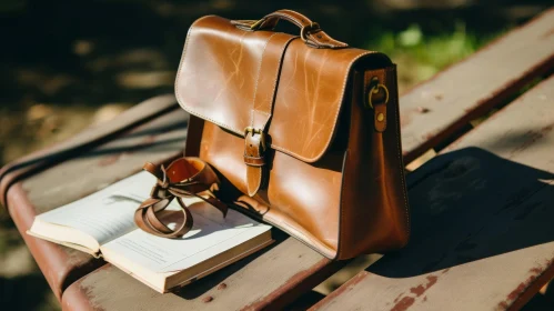 Brown Leather Briefcase and Open Book on Wooden Bench