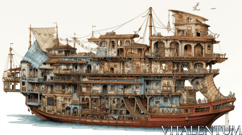Intricate and Bizarre: A Magnificent Ship with Houses in Water AI Image