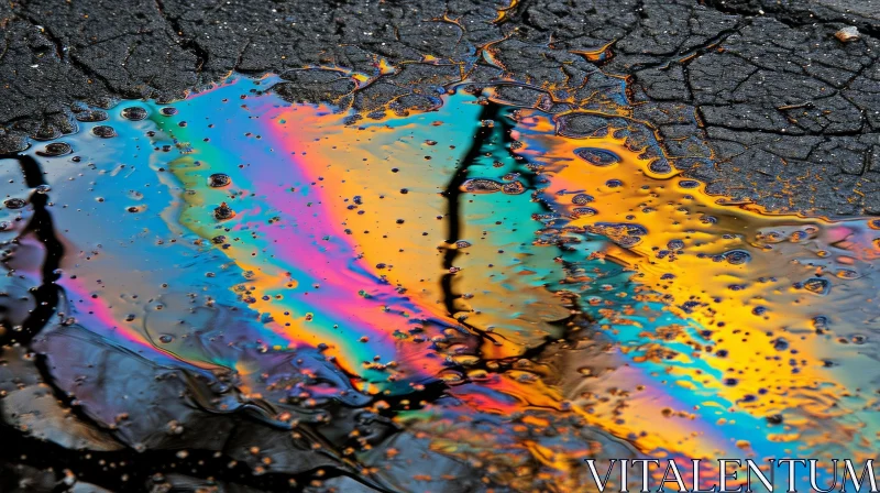 Rainbow Oil Puddle on Cracked Asphalt AI Image