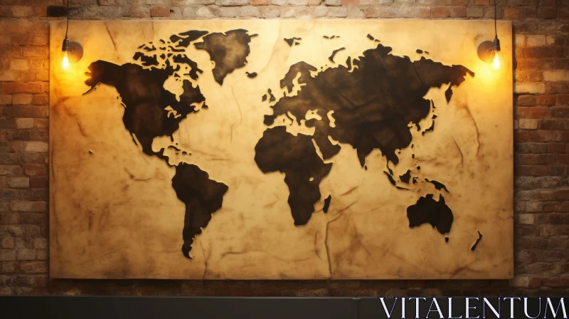 Wooden World Map on Brick Wall with Vintage Lighting AI Image
