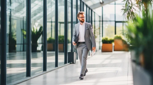 Confident Businessman Walking in Office Corridor