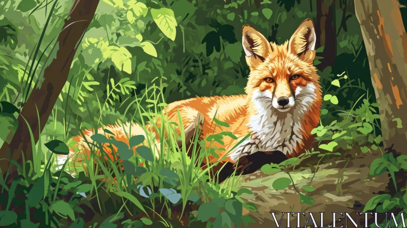 Red Fox in Lush Green Forest - Digital Painting AI Image