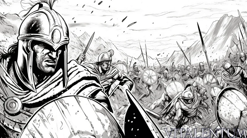 Epic Battle Illustration | Black and White | Vibrant Comics | Byzantine-inspired Art AI Image