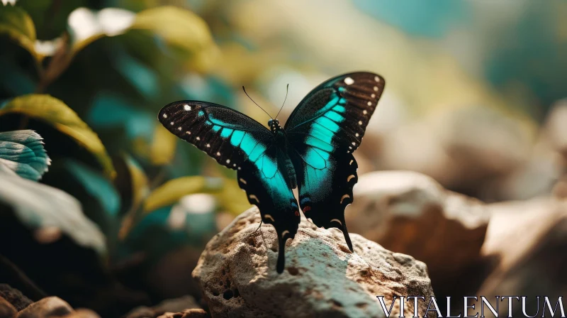 Blue and Black Butterfly Close-Up on Rock AI Image