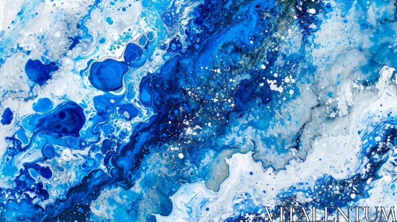 Blue and White Marbled Abstract Painting of Stormy Sea AI Image