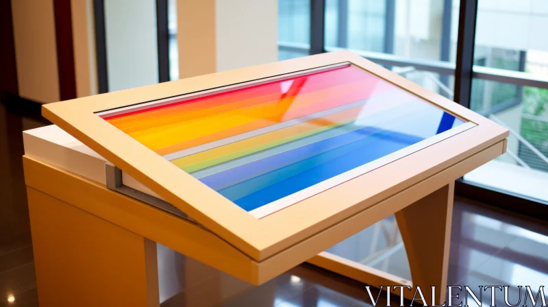 Colorful Glass Top Wooden Table in White Room AI Image