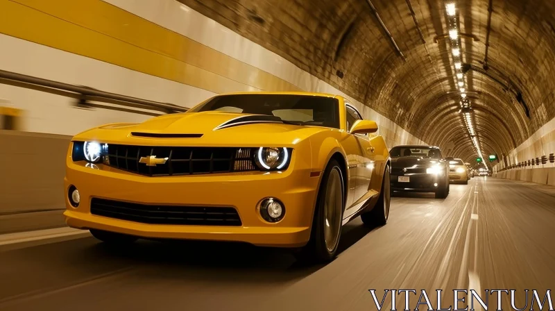 Yellow Chevrolet Camaro SS in Urban Tunnel AI Image