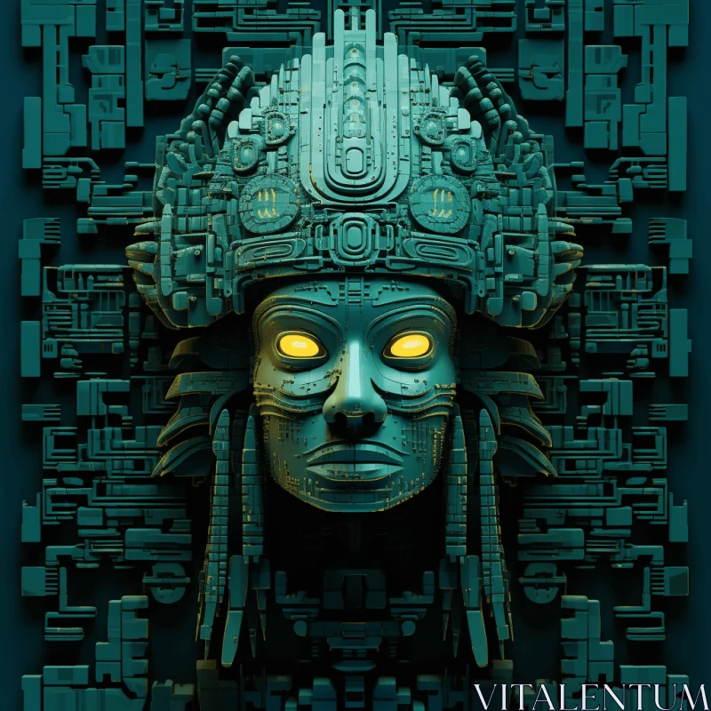 Ancient Aztec Face in Voxel Art: Mechanized Forms, Hyper-Realistic Sci-Fi AI Image