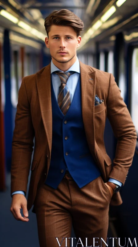 Confident Young Man in Brown Suit Walking Down Hallway AI Image