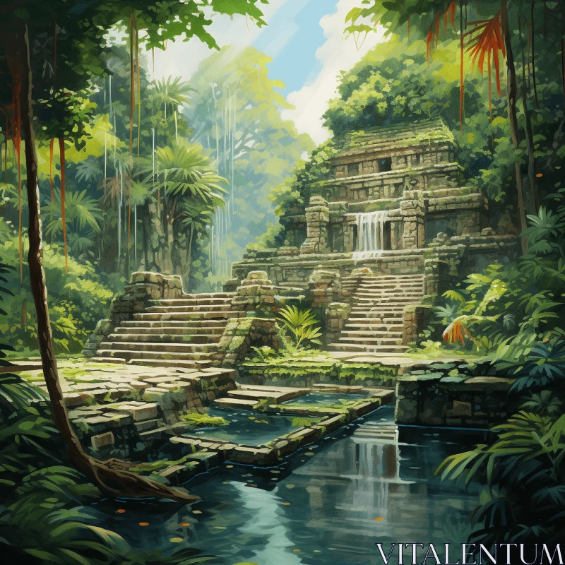 Exploring Ancient Ruins in the Enigmatic Jungle: A Captivating Painting AI Image