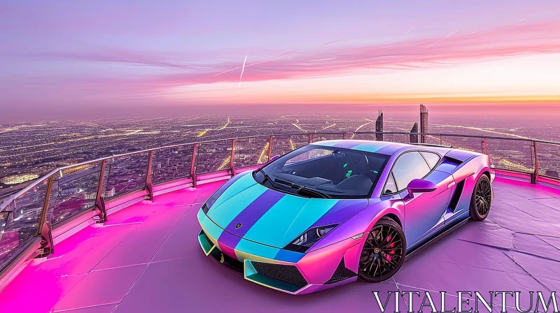 Luxury Purple Lamborghini Aventador SVJ on Rooftop Helipad AI Image
