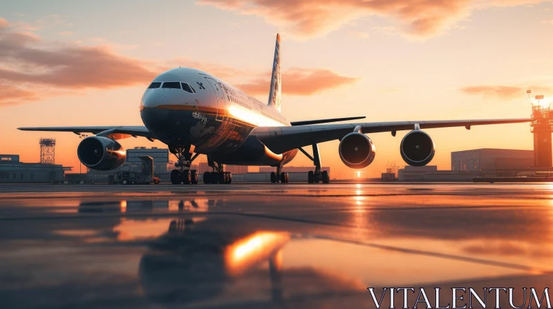 Sunset Passenger Plane Reflection on Runway AI Image