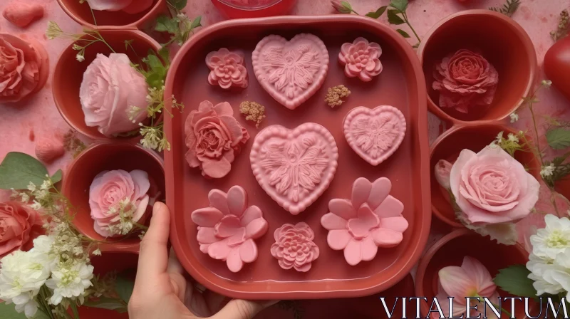 Captivating Hand Holding Red Silicone Mold with Pink Soap Flowers AI Image