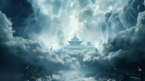 Chinese Temple in Stormy Sky Digital Painting