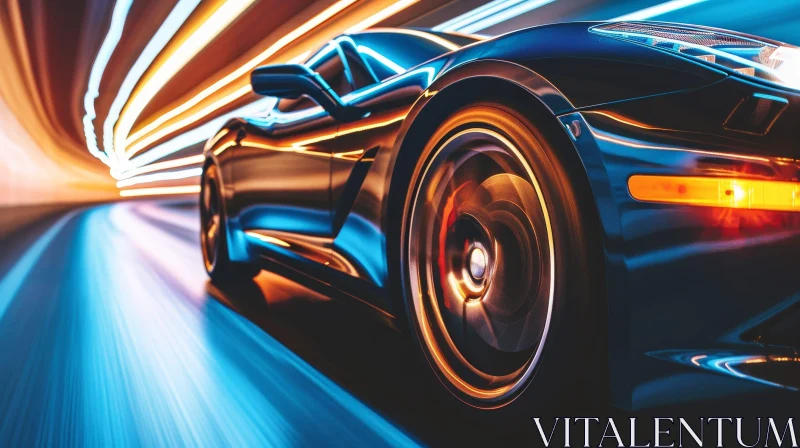 Dark Blue Sports Car Speeding Through Tunnel AI Image
