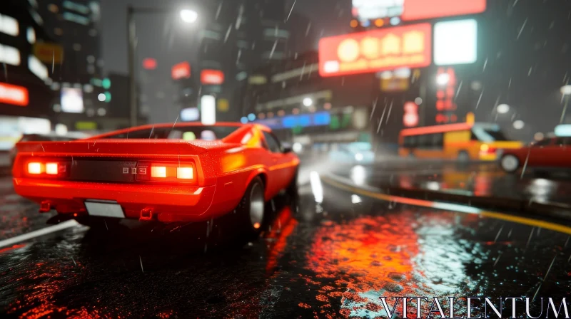 Red Sports Car Night Drive in Rainy City AI Image