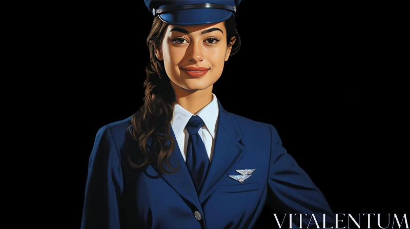 AI ART Young Woman in Blue Pilot Uniform Smiling | Aviation Theme