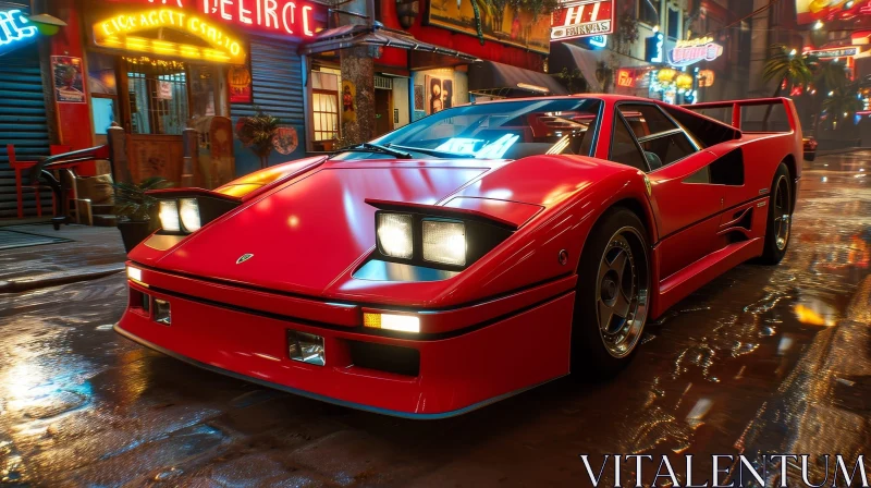 Red Ferrari F40 in Cityscape with Neon Lights AI Image