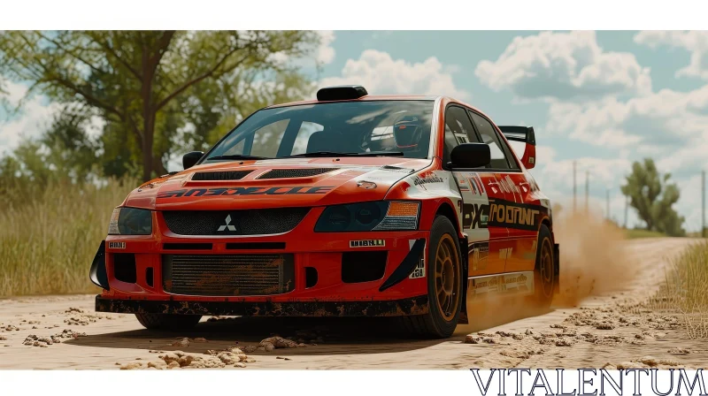 Red Mitsubishi Lancer Evolution Rally Car Speeding on Dirt Road AI Image