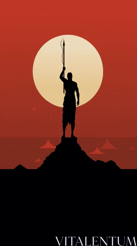 Silhouette of a Man Holding a Spear Against Sunset | Detailed Character Illustration AI Image