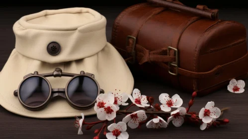 Elegant Still Life with Pith Helmet, Leather Case, Cherry Blossoms