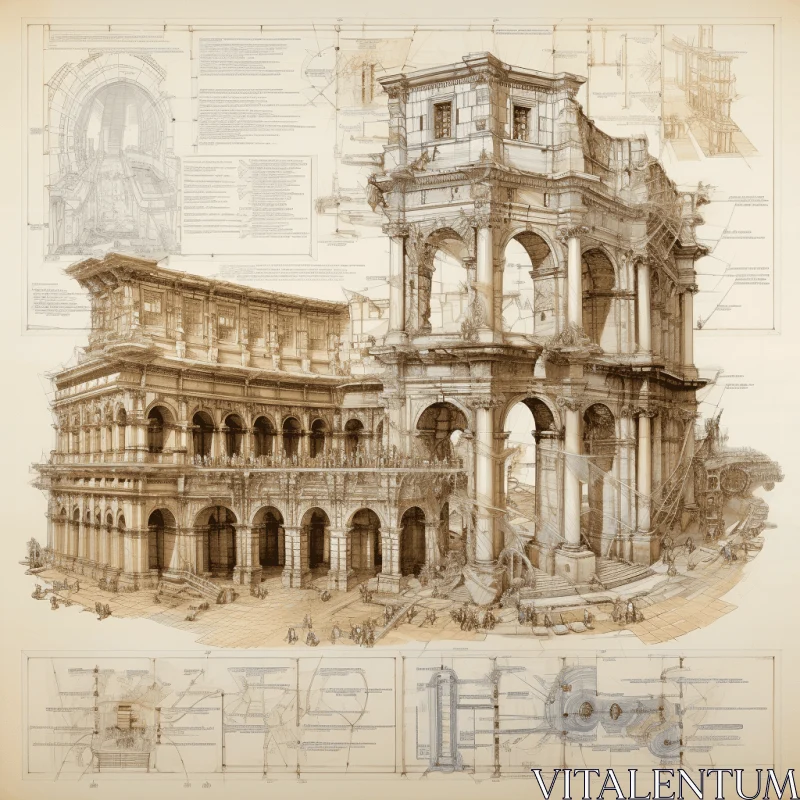 Intricate Drawing of an Ancient Building | Renaissance Perspective and Anatomy AI Image