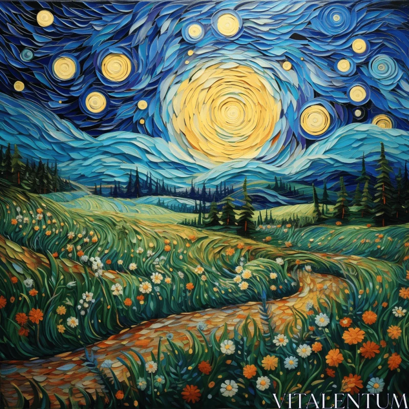 Starry Night in Flower Field: Mesmerizing Painting AI Image